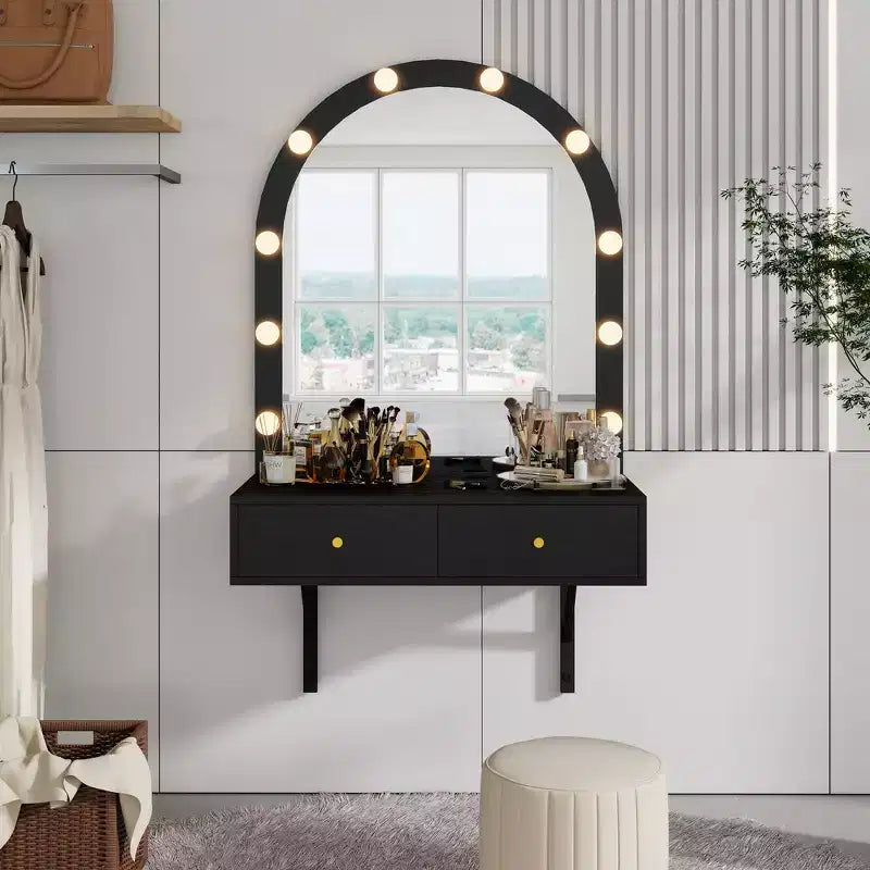 Whisen Wall Dressing Table Floating Makeup Vanity Desk Modern Dressing Table Vanity with Mirror Large Storage