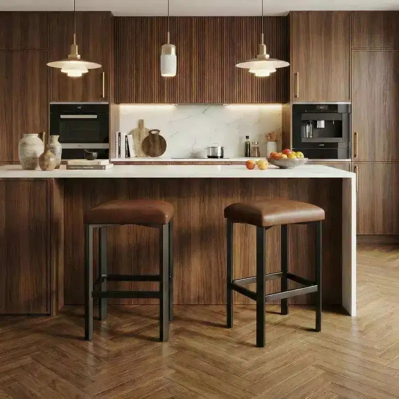 2 Counter Height Bar Stools PU Leather with 2 Padding Sturdy Metal Base Easy Assembly for Kitchen Island & Bar Brown