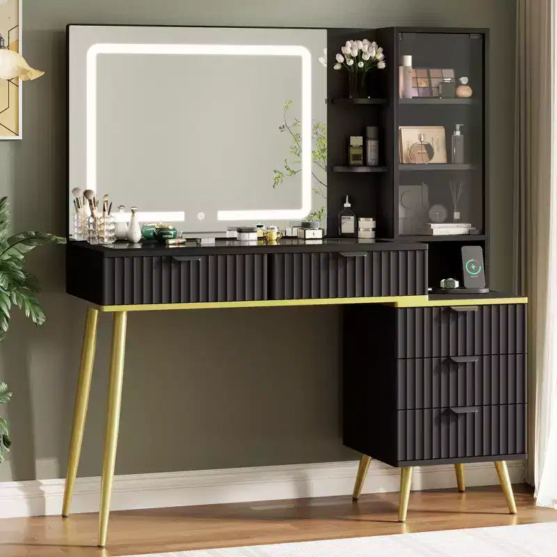 48 Makeup Vanity Desk with Glass Top Large Vanity Desk with 3 Lighting Modes Mirror & 5 Drawers Black