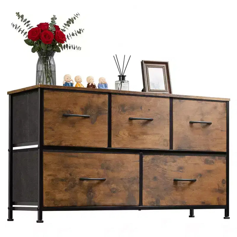 5-Drawer Metal Fabric Storage Dresser Wide Removable Bedroom Vanity Chest Closet Living Room Hallway Organizer Unit