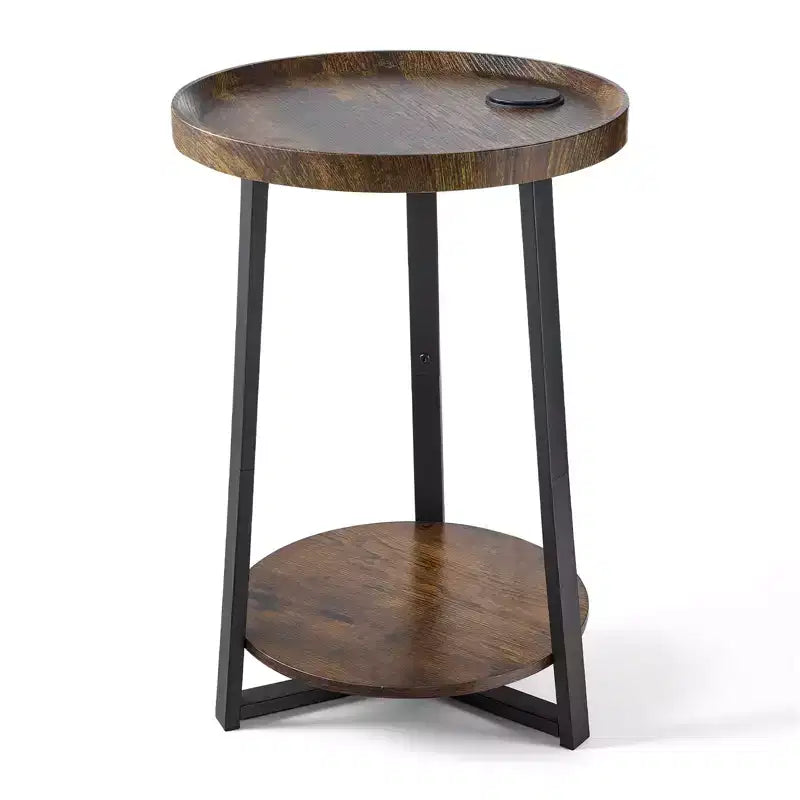 VEVOR End Table 2-Tier Round Side Table with Open Storage Shelves Modern Nightstand Bedside Desk with USB & AC Charging Port Wood Brown & Black