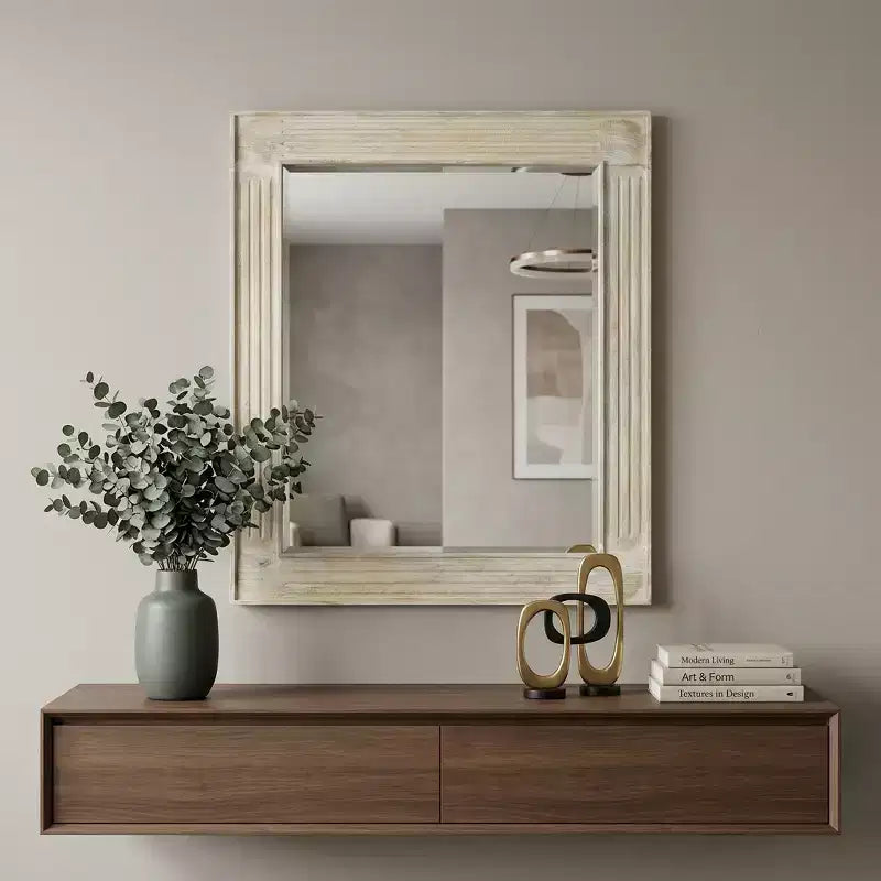 Miroir décoratif à cadre en bois massif blanc