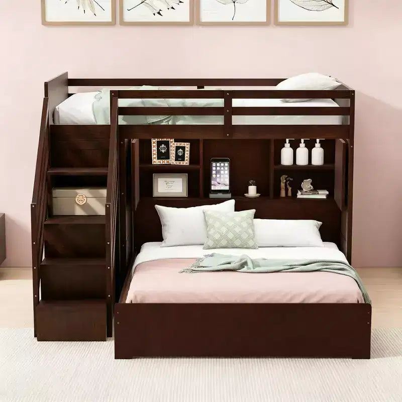 Luxystar Twin Over Full L-shaped Bunk Bed With Storage Stairs Cabinet Armoire and Light