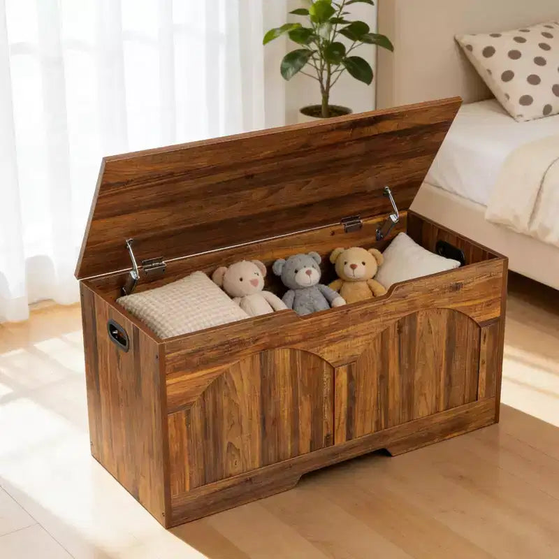 39.3 Retro Wooden Storage Bench Heavy-Duty Toy Box Chest with Safety Hinges & 300 lb Capacity for Entryway & Bedroom