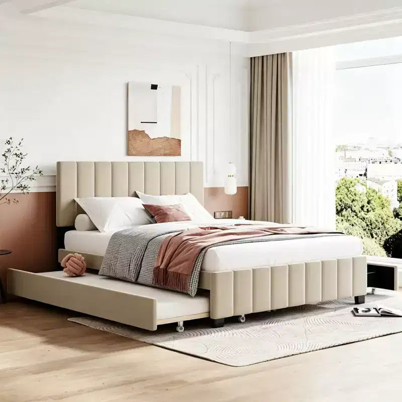 Luxystar Modern Queen Velvet Upholstered Platform Bed with 2 Drawers and Trundle