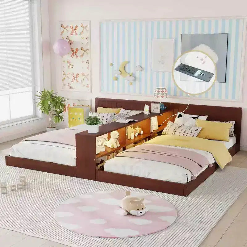 ModernLuxe Double Twin Size Bed Frame with Storage LED Lights & Charging Station Convertible 2 Twin Kids Beds