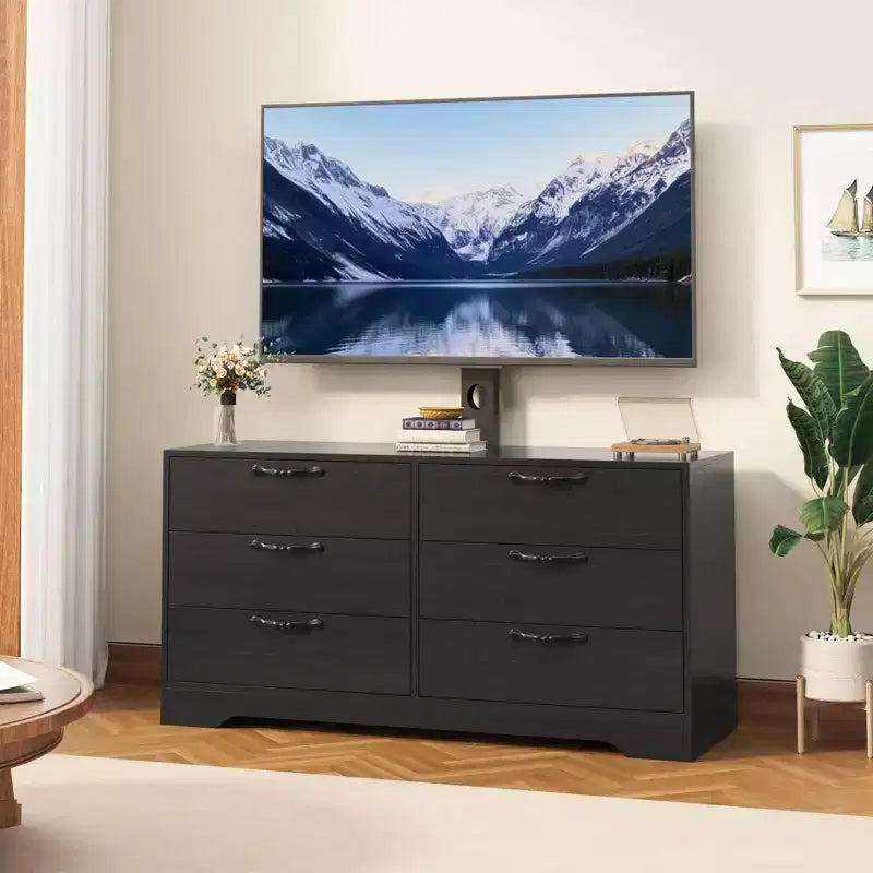 TV Stand with Mount & 6 Drawers Adjustable Entertainment Center for Up to 75 TVs Wooden Media Console Table for Living Room Bedroom Black