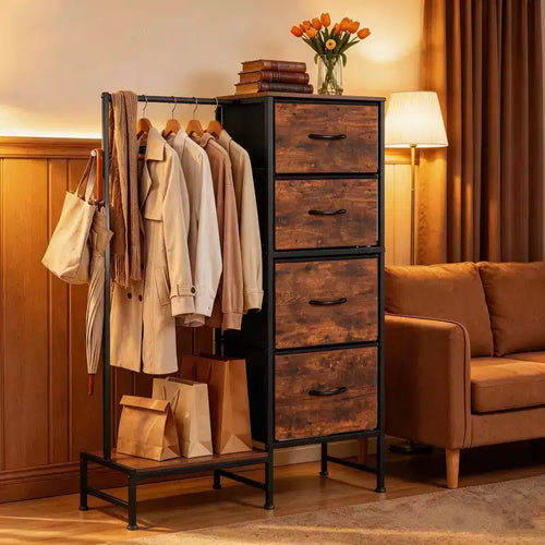 JIONJOY Two-in-one Hanging Rack with Drawer Compact Design Equipped with Anti-fall Hook Storage Space and Adjustable Casters antique walnut