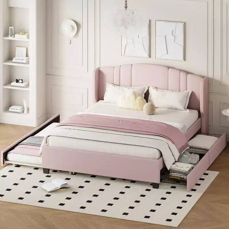 FAMYYT Queen Size Upholstered Platform Bed With One Twin Trundle and 2 Drawers Easy Assembly