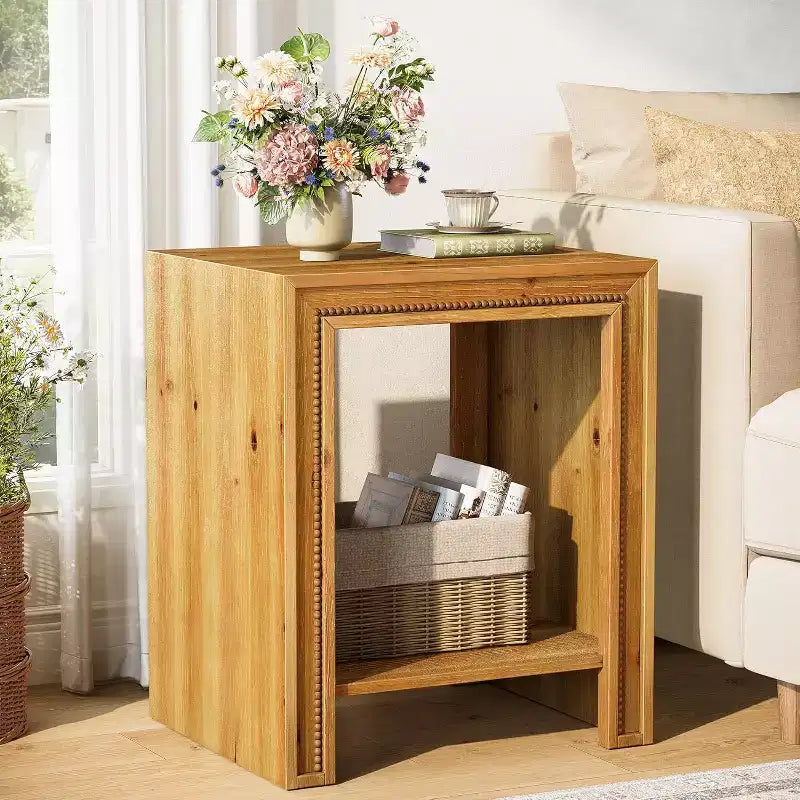Lantine Solid Wood End Table 2-Tier Farmhouse Side Table with Storage Shelves for Small Spaces Living Room Brown
