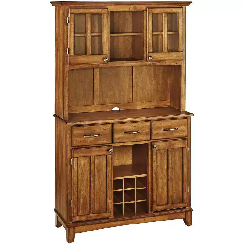 Buffet with 2 Door Hutch Wood/Oak - Home Styles: Elegant Server Glass Display Wine Rack Storage Cabinet