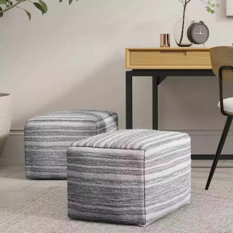 WyndenHall Eleanor Square Woven Pouf Black Melange/White: Handcrafted No Assembly Wool Upholstery Contemporary Style