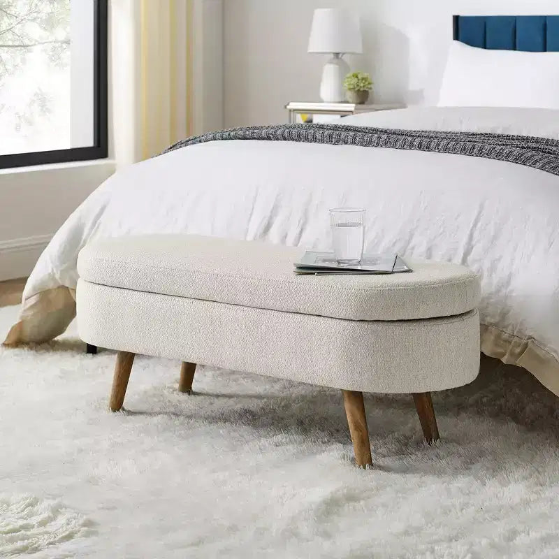 Storage Ottoman Bench Gray Linen 43.5x16x16 White Upholstered Wood Legs Safety Flip Top Oval Foot Rest Long Couch Hinge Flip Stool for Living Room